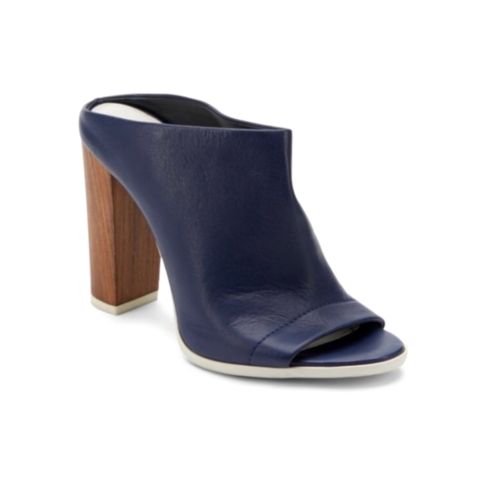 Vince Navy Leather Open-Toe Wood-Block Heel Mule